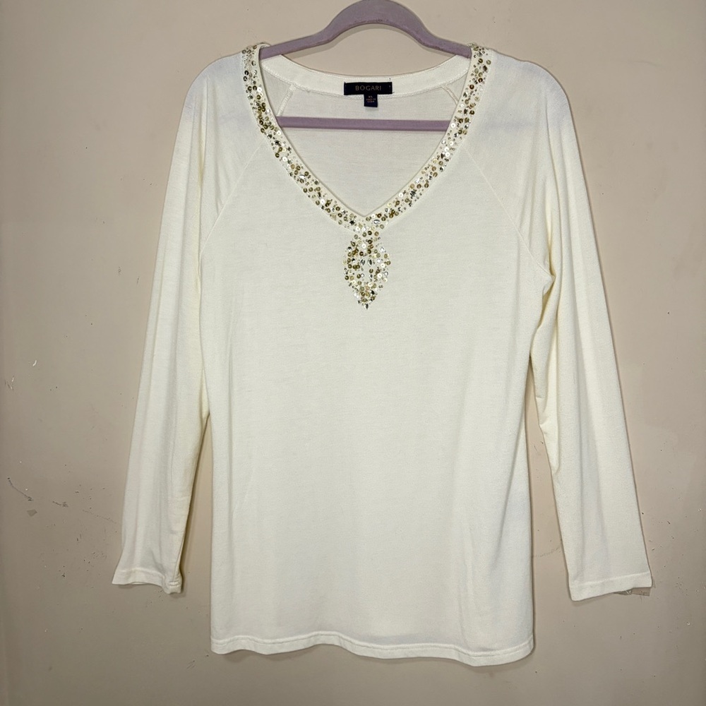 BOGARI‎ Luxuriously Soft Silk & Cotton Sequin Embellished V-neck Knit Top, Large